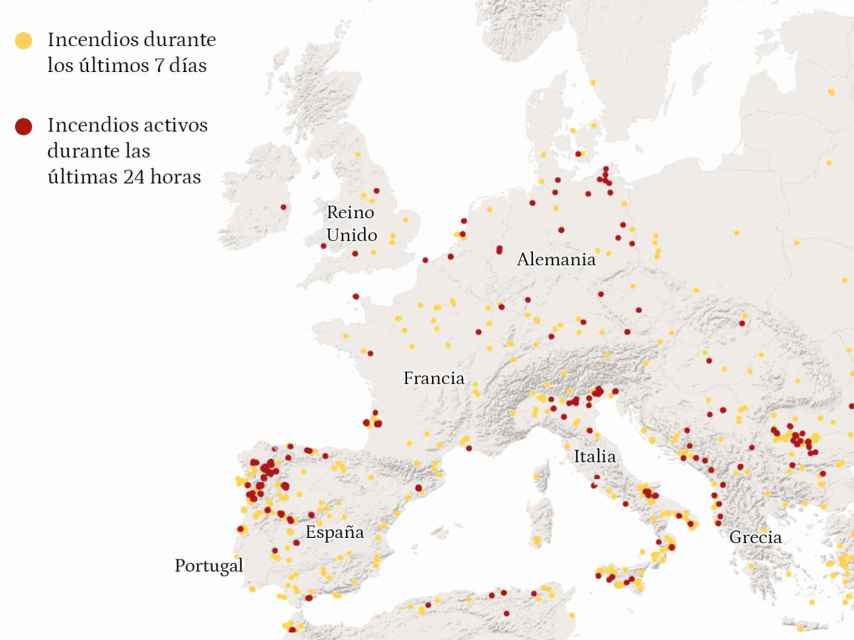 Carte des incendies actifs en Europe dus à la canicule.