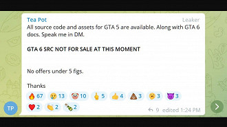 Capture d'écran du message du pirate annonçant la vente du code source et des actifs de GTA V sur Telegram. Source : BleepingComputer