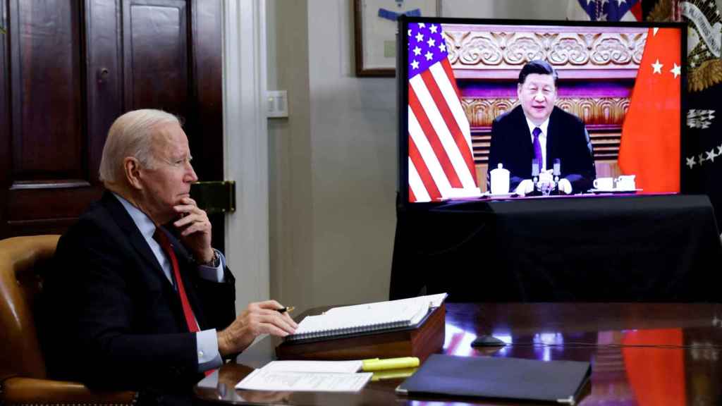 USA. USA. Le président Biden s'entretient virtuellement avec le dirigeant chinois Xi à la Maison Blanche à Washington en 2021.