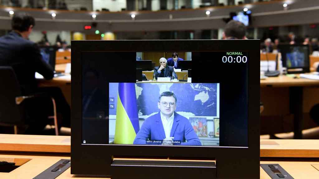 Le ministre ukrainien des Affaires étrangères, Dmytro Kuleba, lors de son intervention télématique à la réunion de Bruxelles.